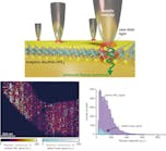 In a schematic of a robust, long-duration TERS imaging technique, a metallic nanotip images several points in a large area of a WS2 monolayer placed on a gold thin film (a). A superposition of two different intensity images, pure WS2 at 422 cm-1 and defect scattering of WS2 at 410 cm-1, reveals a high density of nanoscale protrusions in a large-area far-field confocal Raman image (b). A histogram of the same modes shows a defect density of 5.2% in the WS2 sample (c).