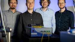 The team in the quantum optics lab: (left to right) Jan Heine, Philip R&uuml;beling, Michael Kues, and Robert Johanning.
