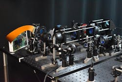 Two-photon fluorescence microscope setup, with optical components including the digital micromirror and beam scanners.