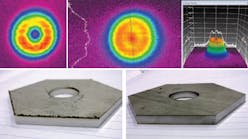 Real-time beam profiling for a CO2 laser reveals beam irregularities and instabilities (top left) not present in a stable beam profile (top right). These beam irregularities are the difference between bad (lower left) and good (lower right) outcomes in materials processing applications.